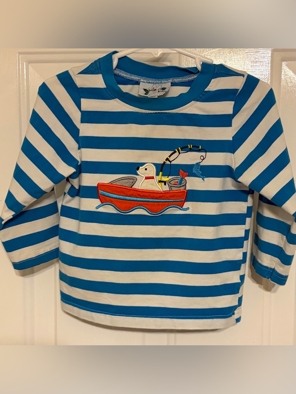 Magnolia Steel Adorable Boy Striped Long-Sleeve Tee Fishing Dog Applique Size 2T